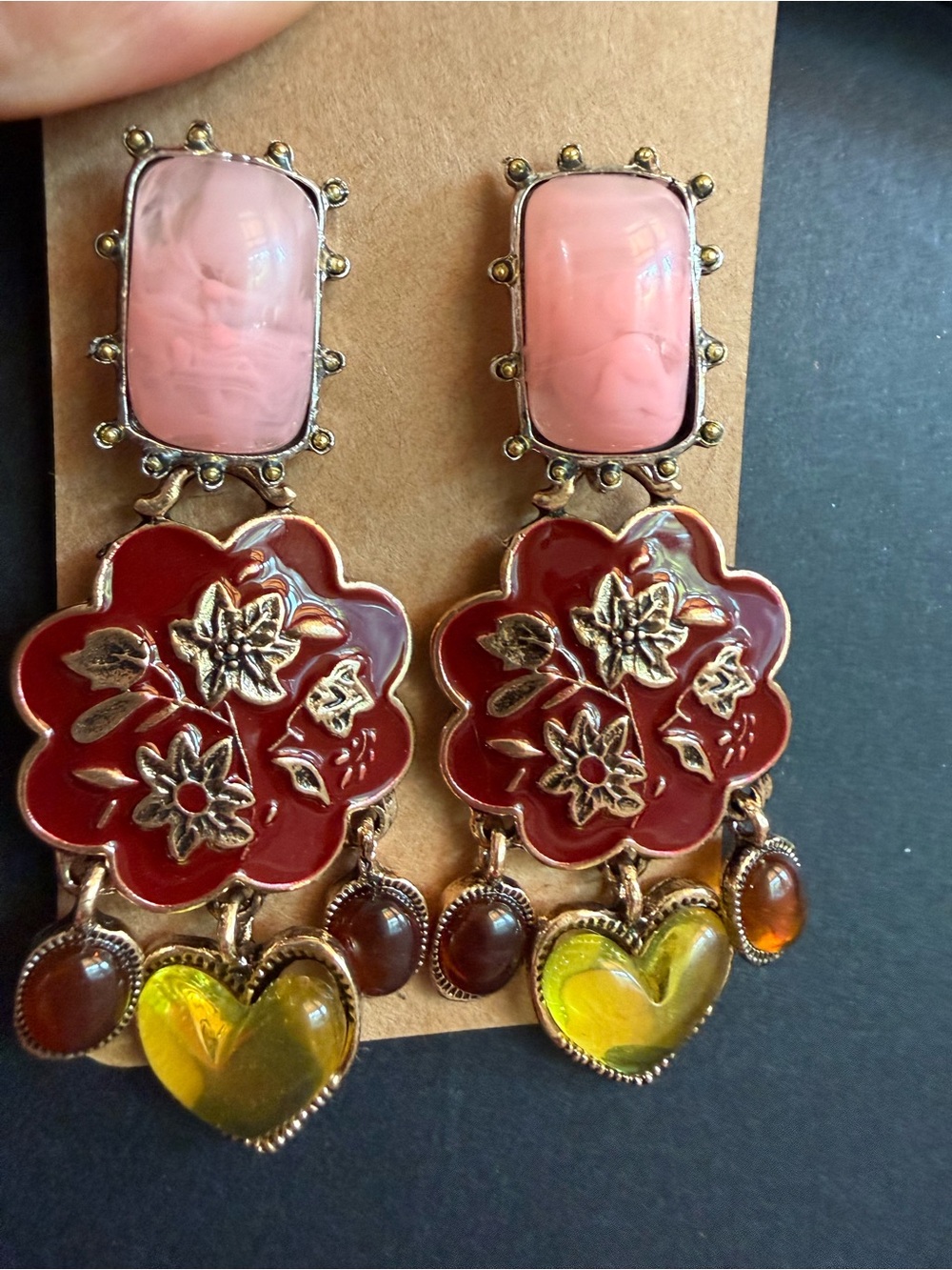 Pink and Red Floral Drop Earrings with Yellow Heart Dangles - Women Jewelry